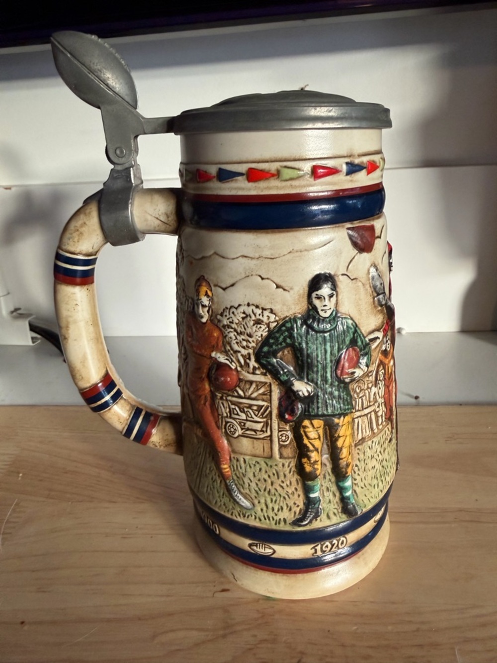 VINTAGE 1983 AVON FOOTBALL BEER STEIN PEWTER LID NUMBERED CERAMARTE BRAZIL SPORT